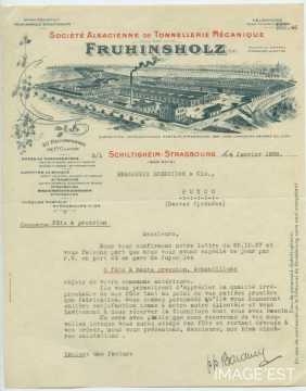 Lettre de la " Société Alsacienne de Tonnellerie Mécanique Fruhinsholz Frères " (Schiltigheim)